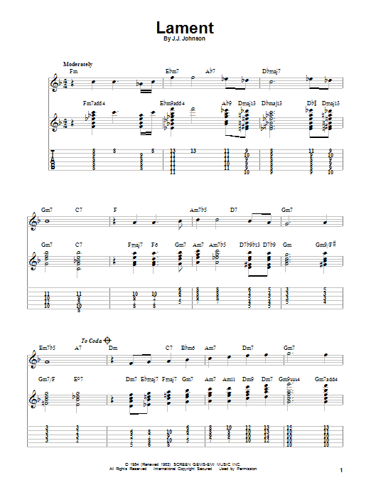 J.J. Johnson Lament sheet music notes and chords. Download Printable PDF.