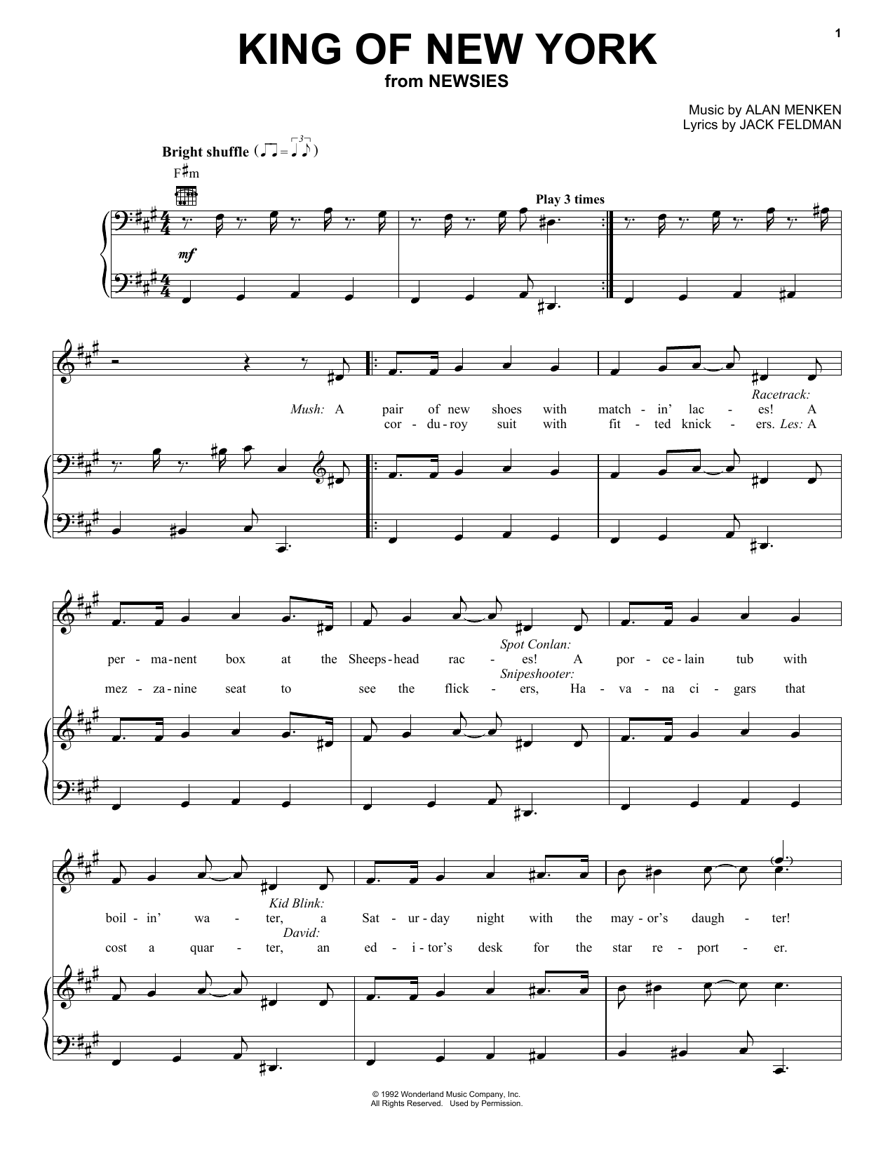 Alan Menken King Of New York (from Newsies) sheet music notes and chords - Download Printable PDF and start playing in minutes.