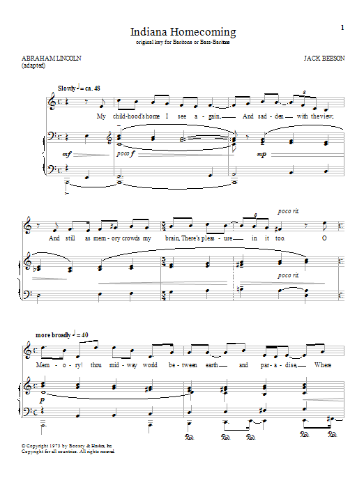 Jack Beeson Indiana Homecoming sheet music notes and chords. Download Printable PDF.