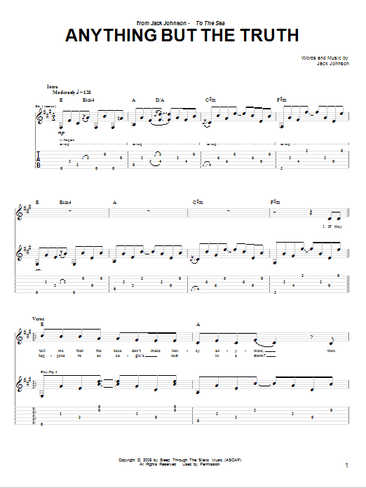 Jack Johnson Anything But The Truth sheet music notes and chords arranged for Guitar Tab