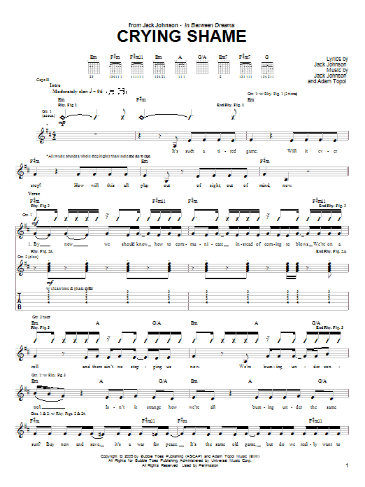 Jack Johnson Crying Shame sheet music notes and chords. Download Printable PDF.