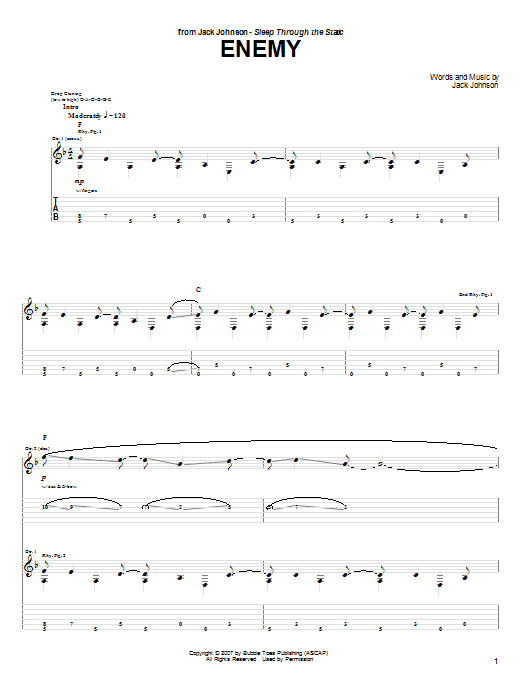 Jack Johnson Enemy sheet music notes and chords. Download Printable PDF.