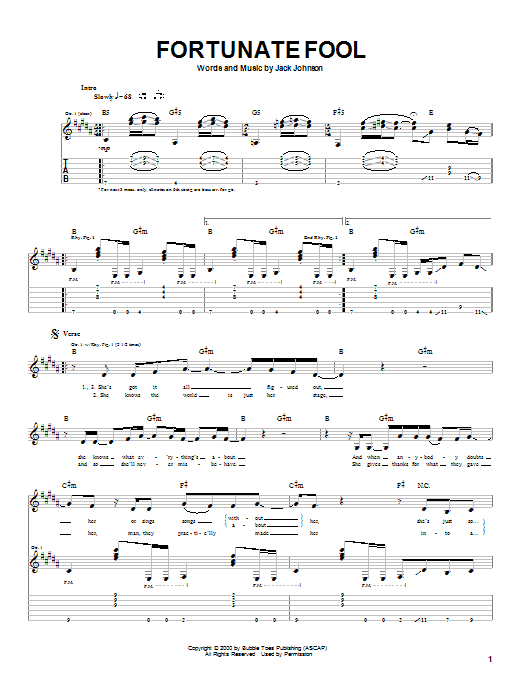 Jack Johnson Fortunate Fool sheet music notes and chords. Download Printable PDF.