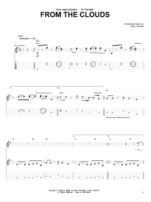 Jack Johnson From The Clouds sheet music notes and chords. Download Printable PDF.