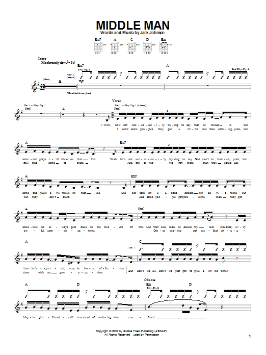 Jack Johnson Middle Man sheet music notes and chords. Download Printable PDF.