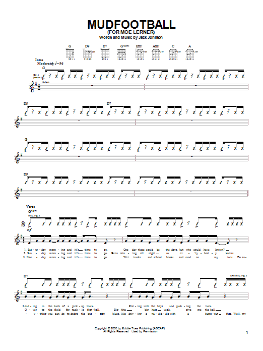 Learn to play Jack Johnson Mudfootball (For Moe Lerner) sheet music for Guitar Tab in minutes. Price: 7.7900$ Jack Johnson Mudfootball (For Moe Lerner) sheet music notes and chords. Download Printable PDF.