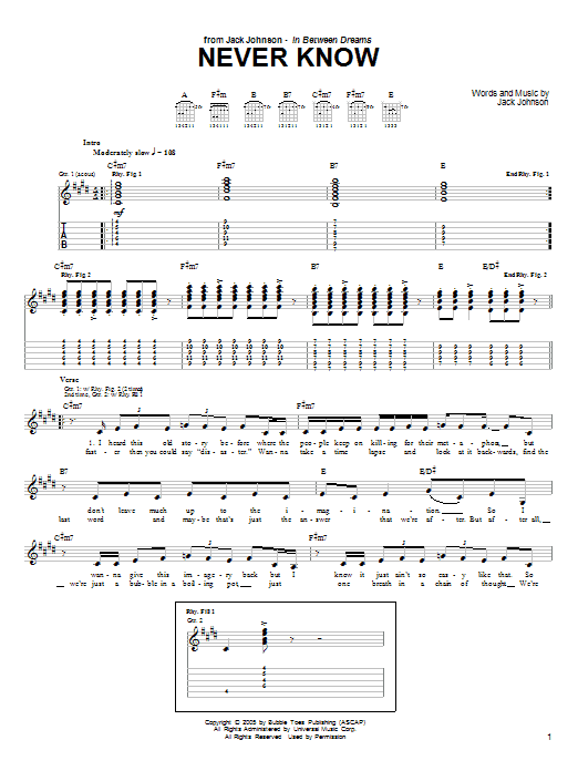 Decrement jage Intakt Jack Johnson "Never Know" Sheet Music PDF Notes, Chords | Rock Score Ukulele  with Strumming Patterns Download Printable. SKU: 162935