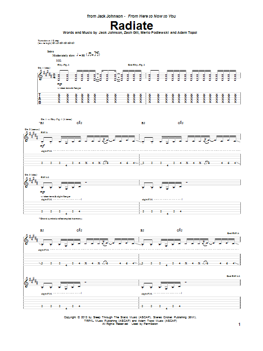 Learn to play Jack Johnson Radiate sheet music for Guitar Tab in minutes. Jack Johnson Radiate sheet music notes and chords. Download Printable PDF.