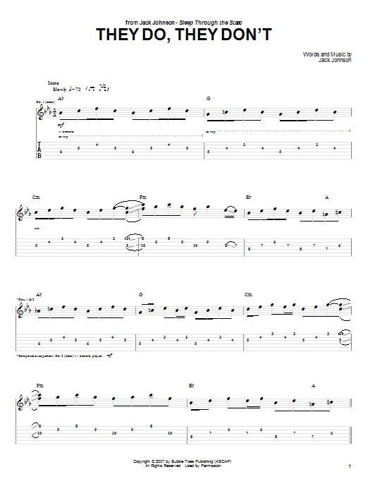 Jack Johnson They Do, They Don't sheet music notes and chords arranged for Guitar Tab