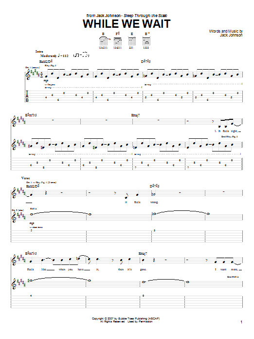 Jack Johnson While We Wait sheet music notes and chords. Download Printable PDF.