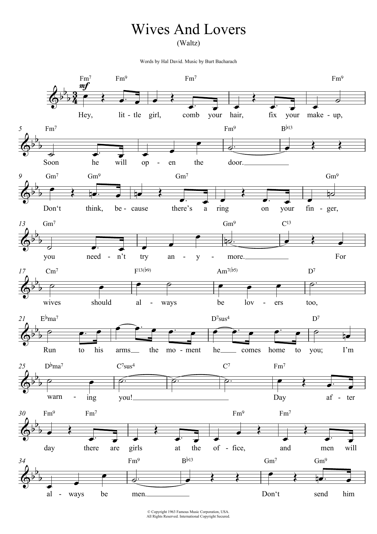 Learn to play Burt Bacharach Wives And Lovers (Hey, Little Girl) sheet music for Lead Sheet / Fake Book in minutes. Price: 5.9900$ Burt Bacharach Wives And Lovers (Hey, Little Girl) sheet music notes and chords arranged for Lead Sheet / Fake Book