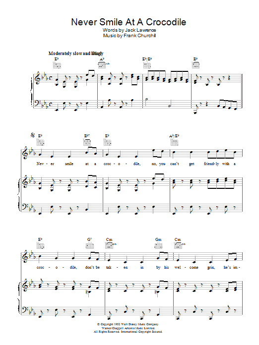 Learn to play Jack Lawrence Never Smile At A Crocodile sheet music for Easy Lead Sheet / Fake Book in minutes. Price: 5.9900$ Jack Lawrence Never Smile At A Crocodile sheet music notes and chords arranged for Easy Lead Sheet / Fake Book