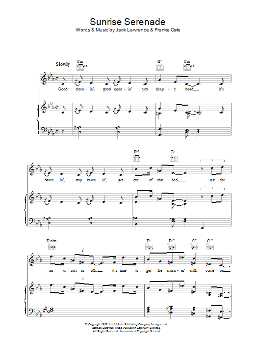 Learn to play Jack Lawrence Sunrise Serenade sheet music for Piano, Vocal & Guitar (Right-Hand Melody) in minutes. Jack Lawrence Sunrise Serenade sheet music notes and chords. Download Printable PDF.