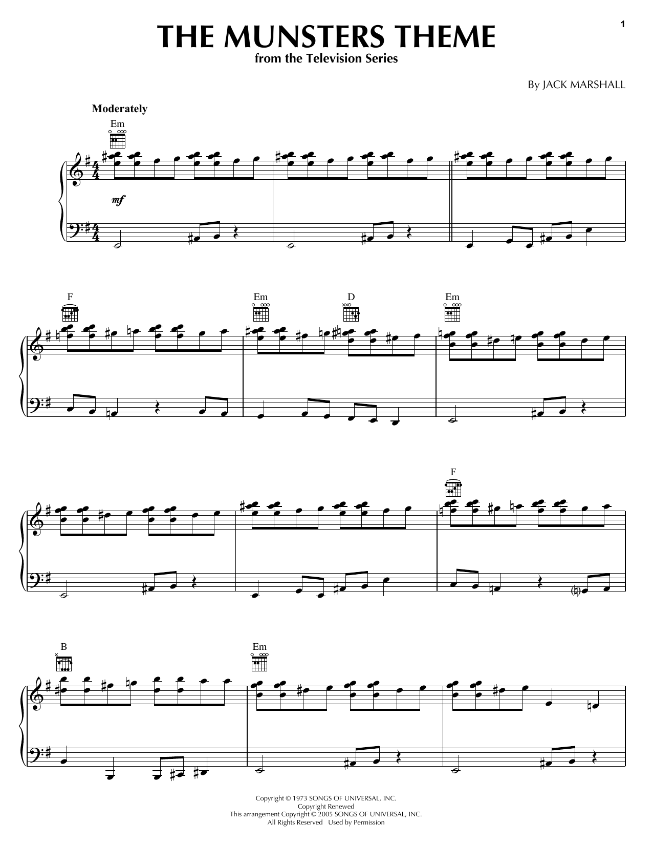 Jack Marshall The Munsters Theme sheet music notes and chords. Download Printable PDF.