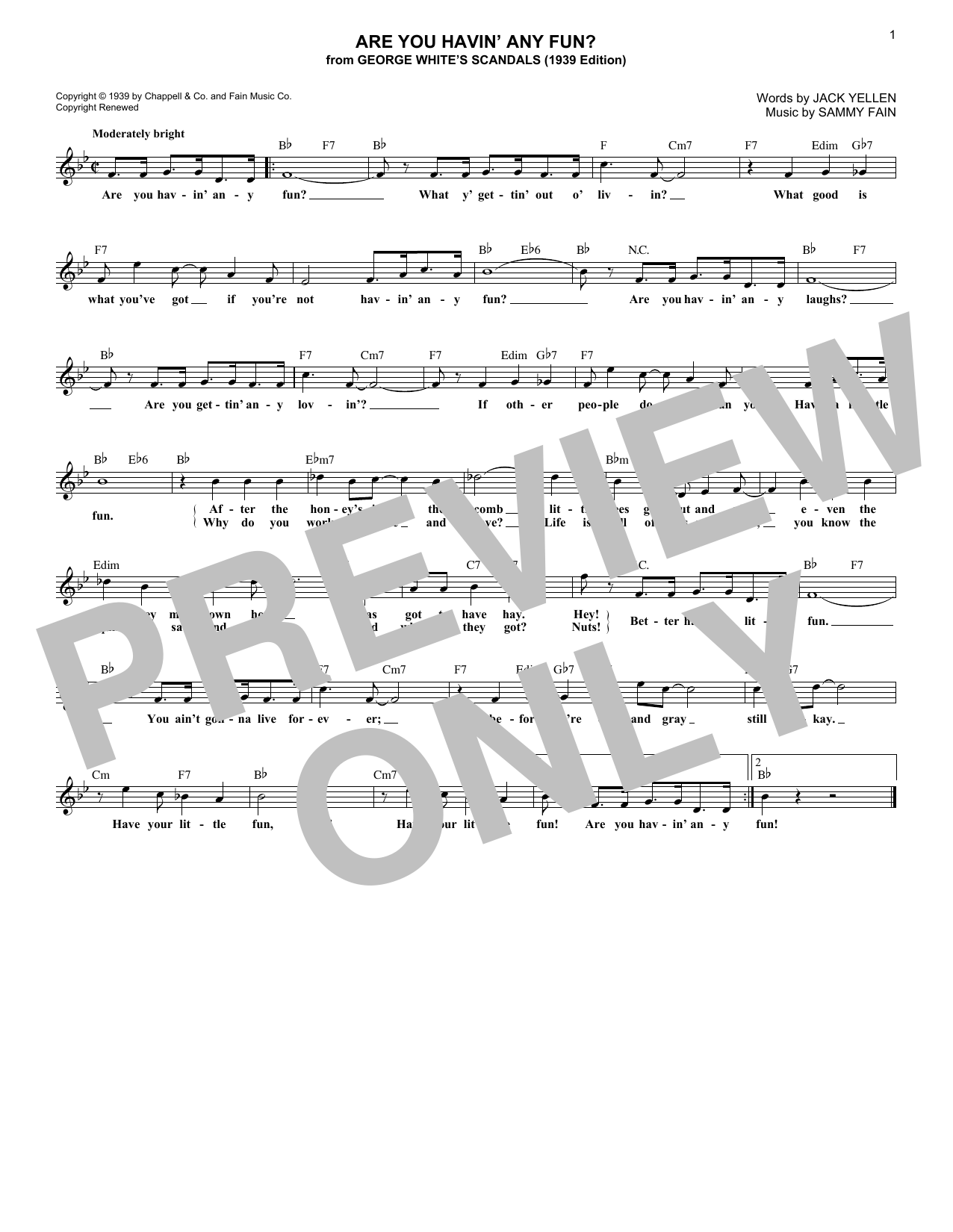 Learn to play Jack Yellen Are You Havin' Any Fun? sheet music for Lead Sheet / Fake Book in minutes. Price: 5.9900$ Jack Yellen Are You Havin' Any Fun? sheet music notes and chords arranged for Lead Sheet / Fake Book