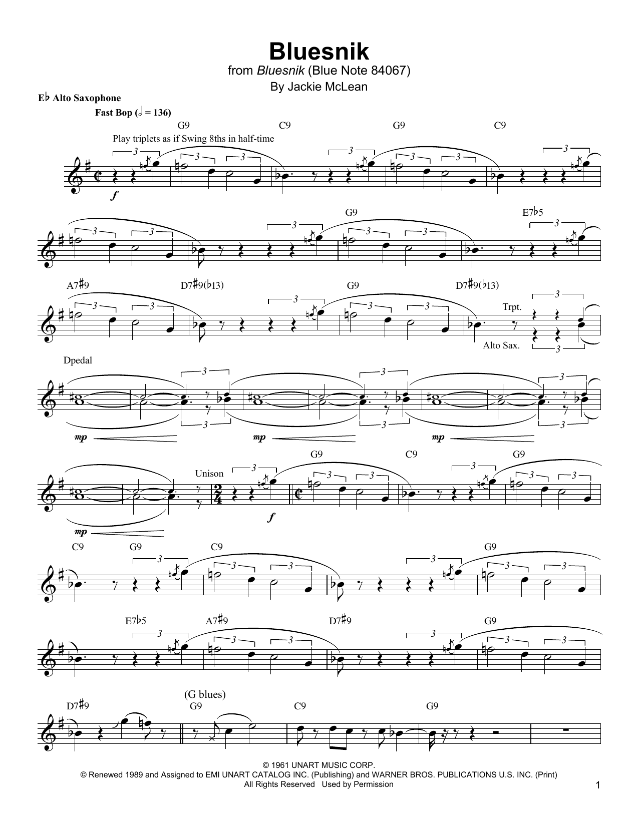 Jackie McLean Bluesnik sheet music notes and chords. Download Printable PDF.