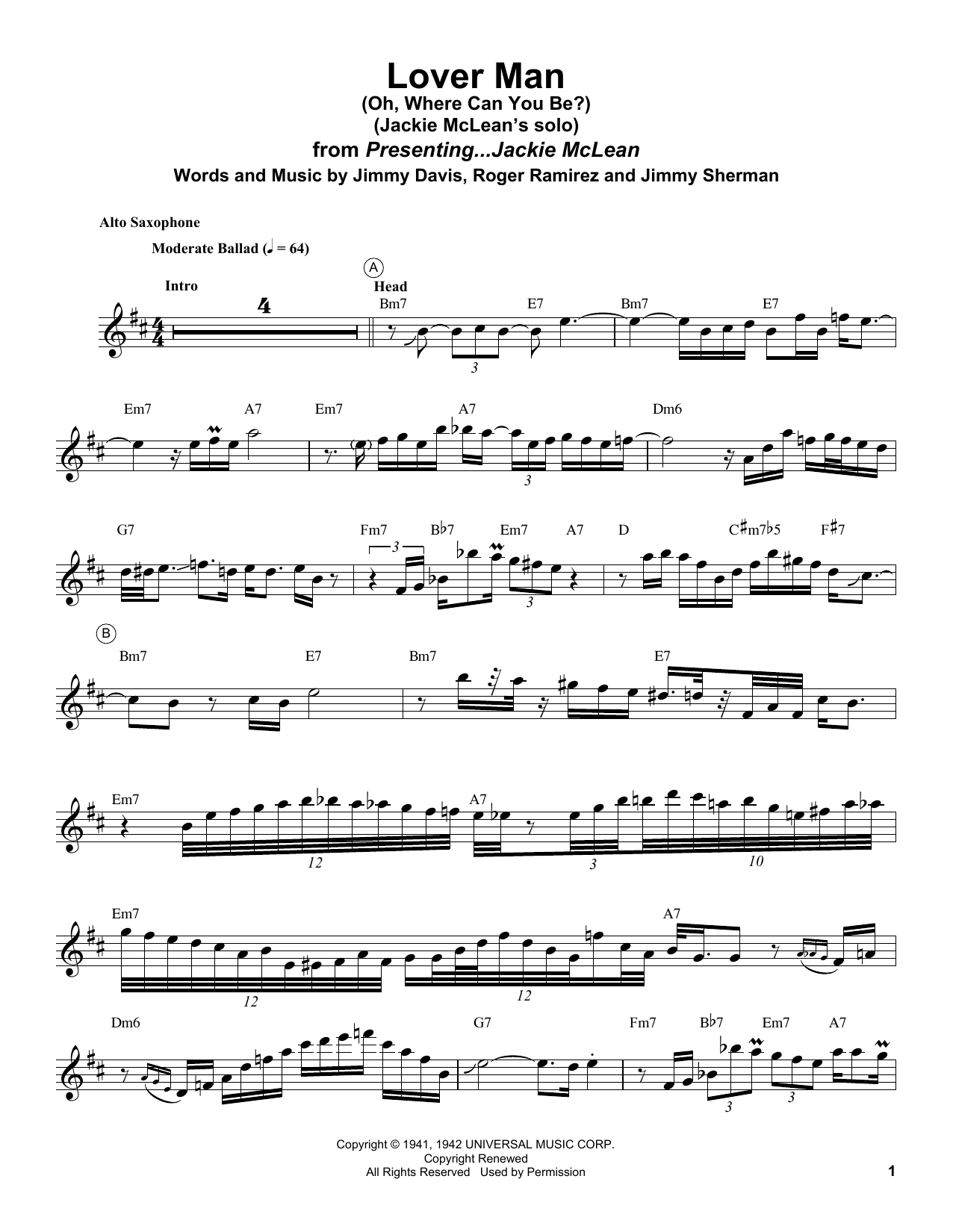 Learn to play Jackie McLean Lover Man (Oh, Where Can You Be?) sheet music for Alto Sax Transcription in minutes. Price: 6.9900$ Jackie McLean Lover Man (Oh, Where Can You Be?) sheet music notes and chords arranged for Alto Sax Transcription