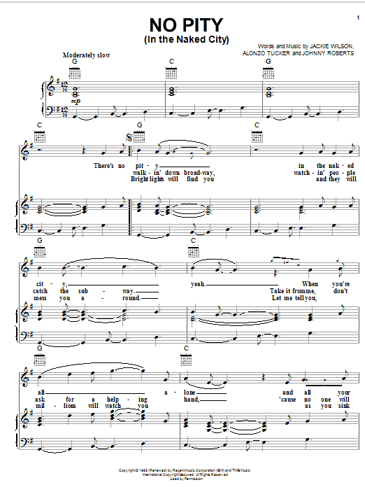 Learn to play Jackie Wilson No Pity (In The Naked City) sheet music for Piano, Vocal & Guitar (Right-Hand Melody) in minutes. Jackie Wilson No Pity (In The Naked City) sheet music notes and chords