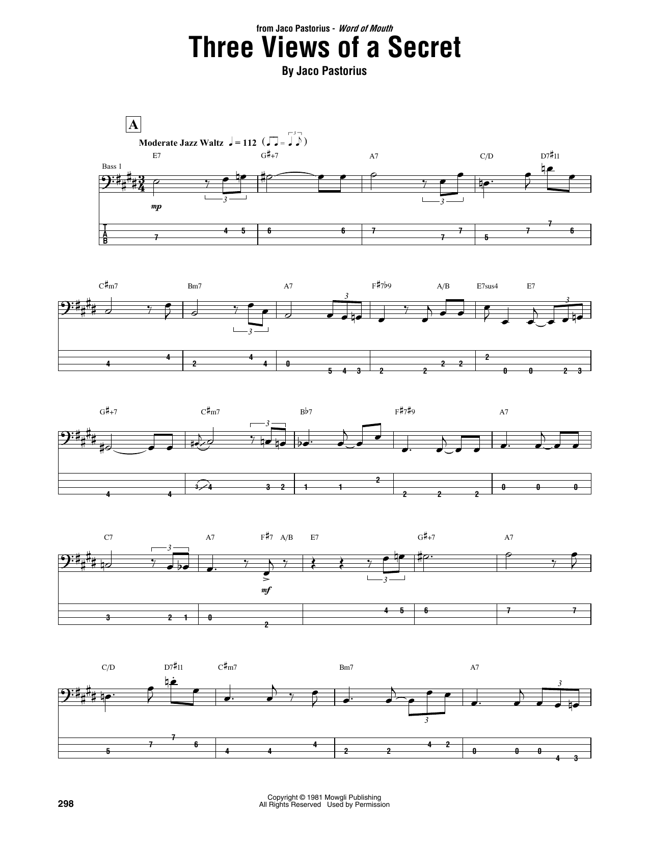 Jaco Pastorius Three Views Of A Secret sheet music notes and chords. Download Printable PDF.