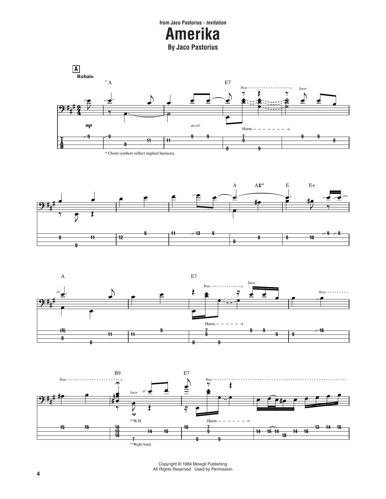 Jaco Pastorius Amerika sheet music notes and chords. Download Printable PDF.