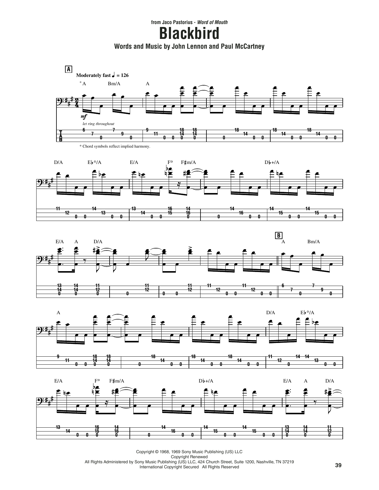 Jaco Pastorius Blackbird sheet music notes and chords. Download Printable PDF.