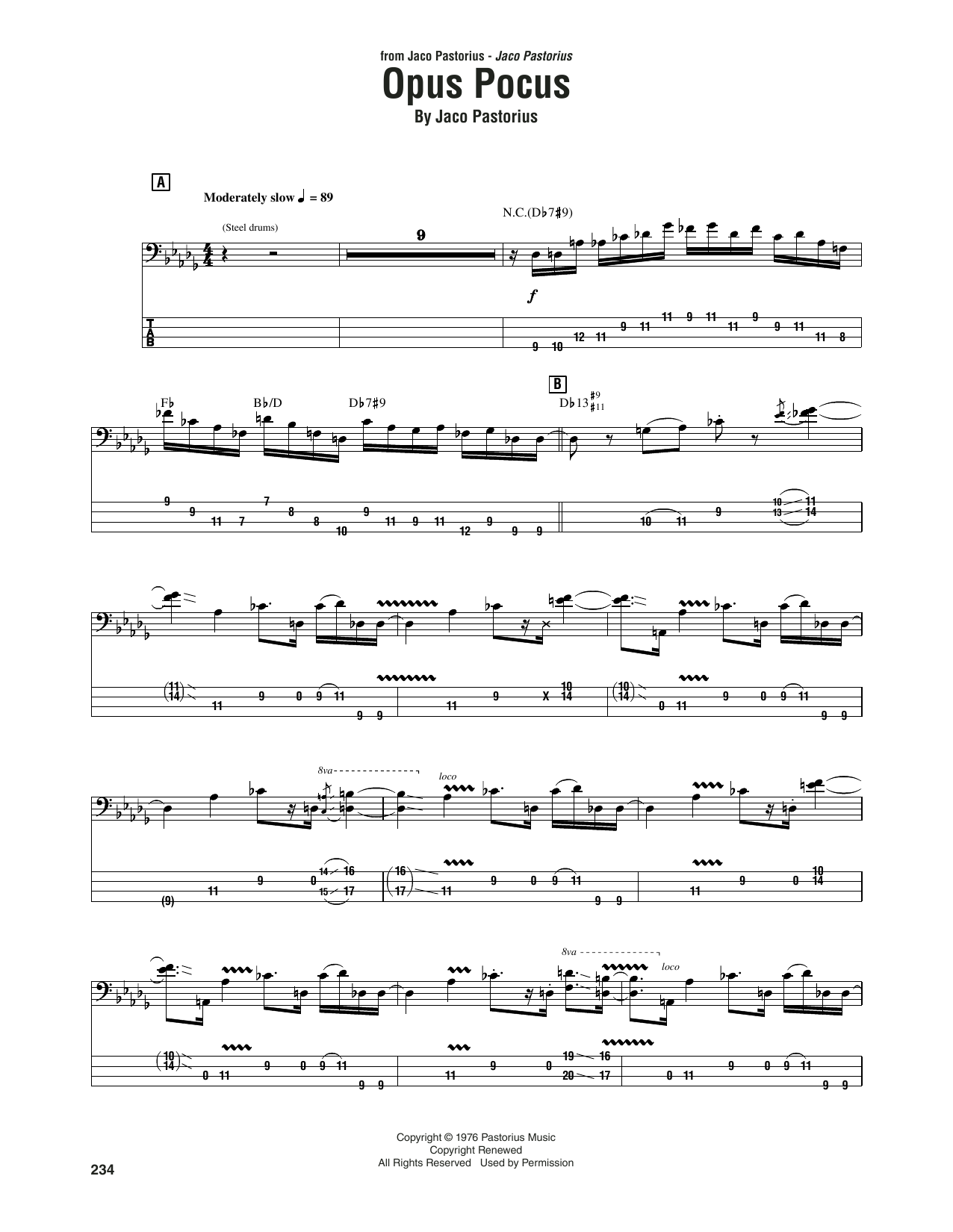 Jaco Pastorius Opus Pocus sheet music notes and chords. Download Printable PDF.