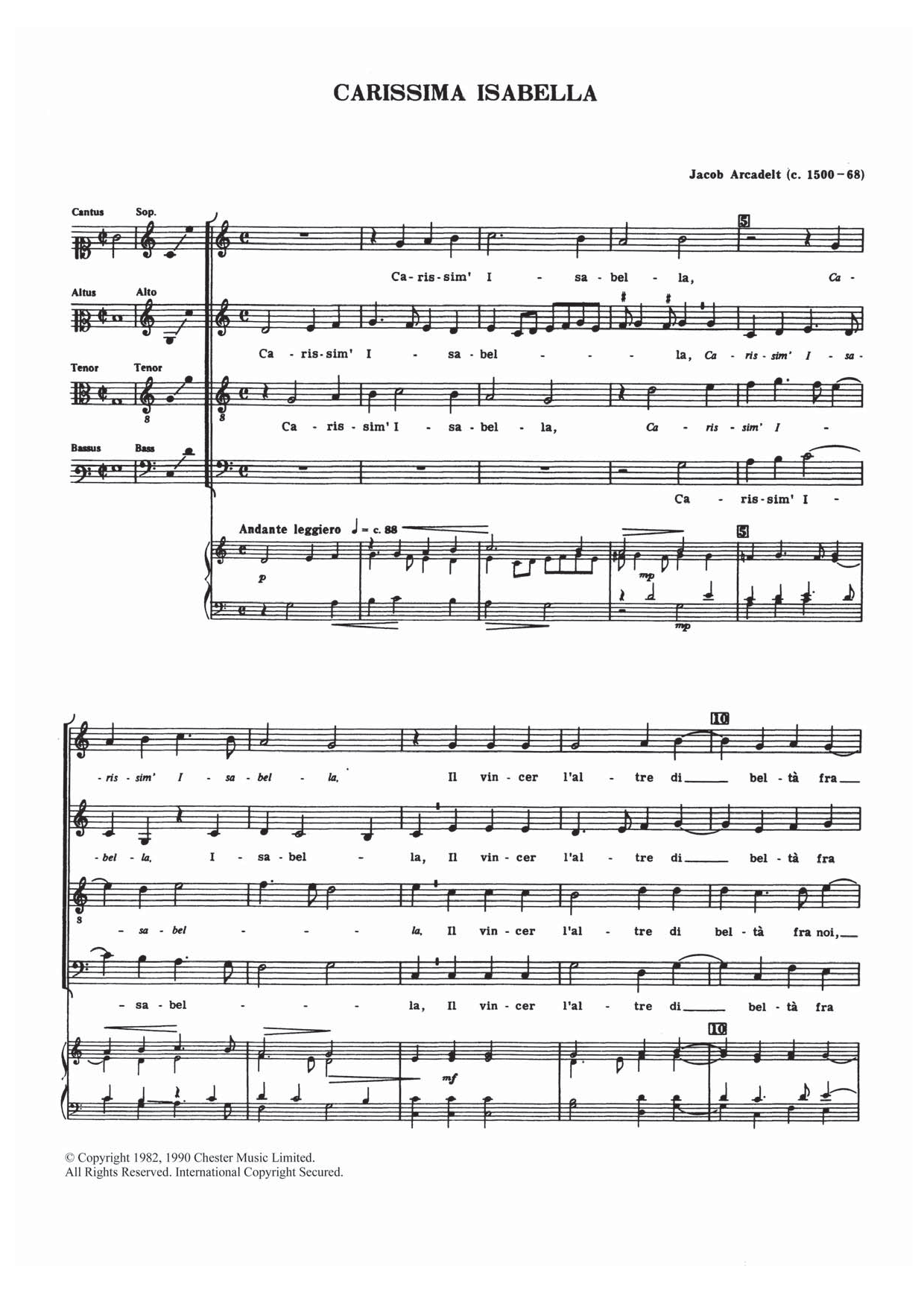 Jacob Arcadelt Carissima Isabella sheet music notes and chords. Download Printable PDF.