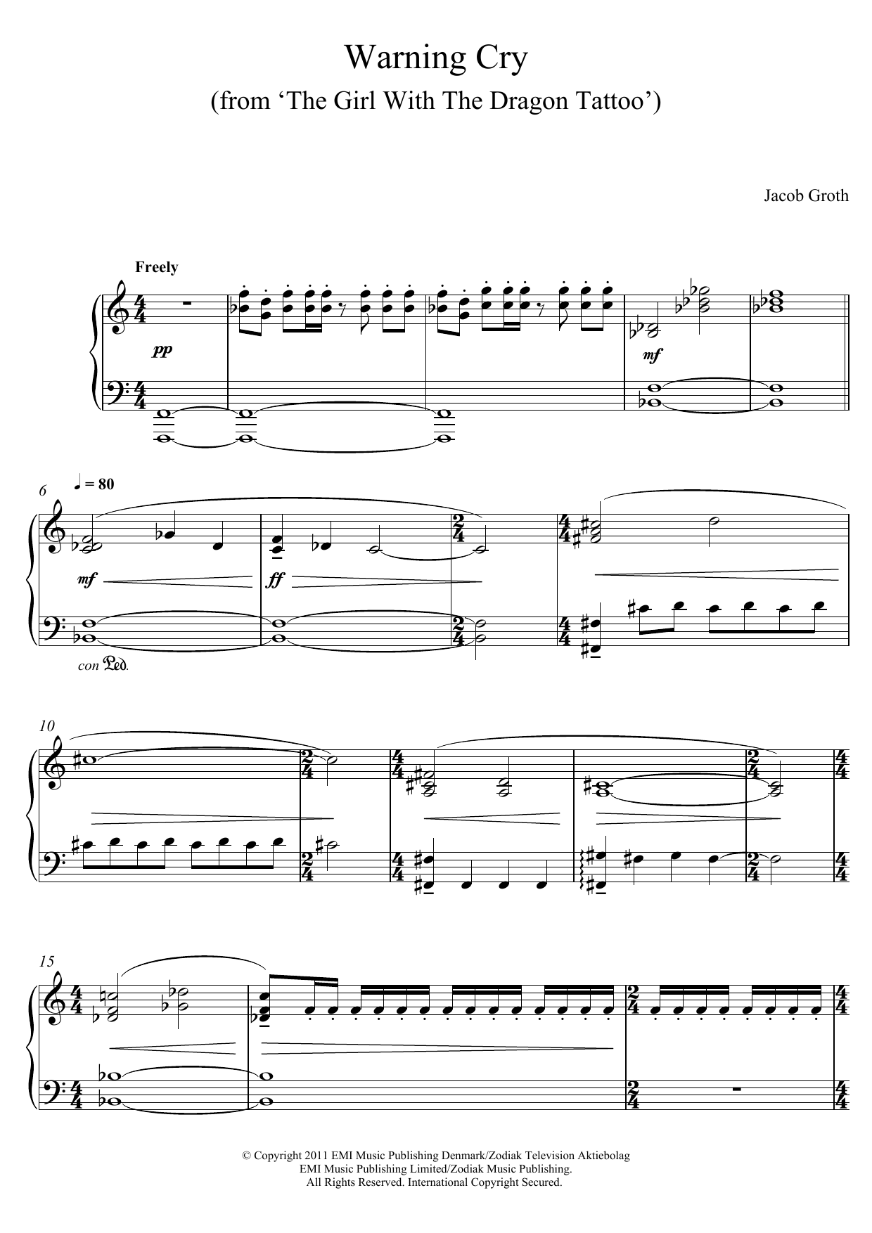 Learn to play Jacob Groth Warning Cry (From 'The Girl With A Dragon Tattoo') sheet music for Piano Solo in minutes. Jacob Groth Warning Cry (From 'The Girl With A Dragon Tattoo') sheet music notes and chords. Download Printable PDF.
