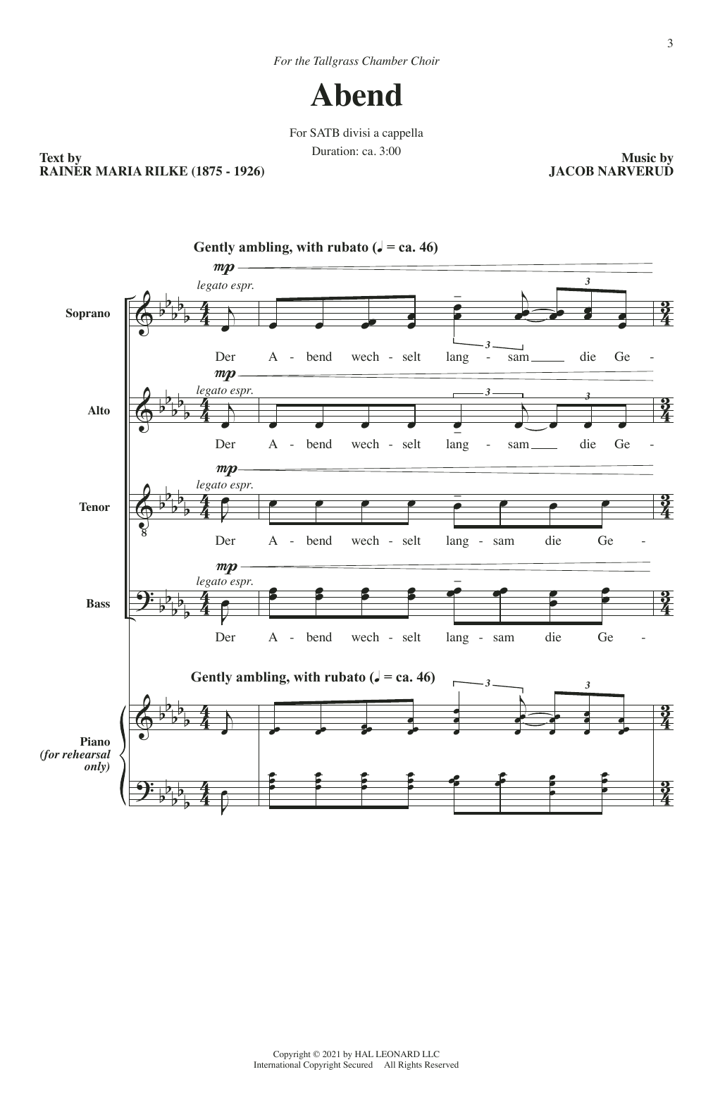 Jacob Narverud Abend sheet music notes and chords. Download Printable PDF.