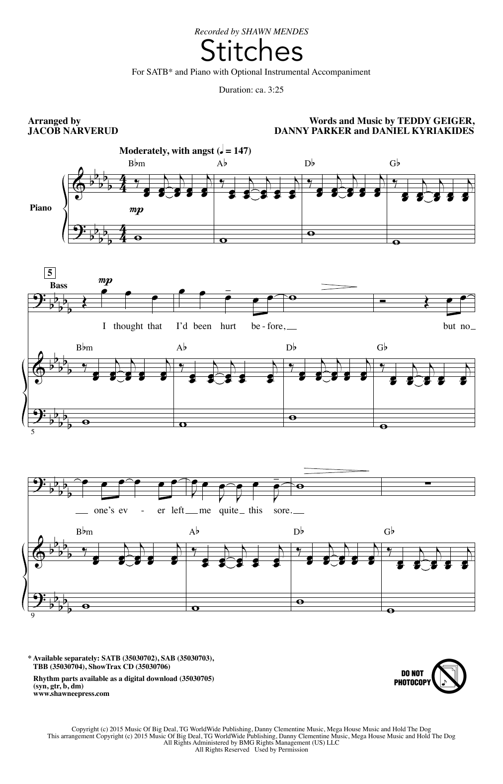 Shawn Mendes Stitches (arr. Jacob Narverud) sheet music notes and chords. Download Printable PDF.