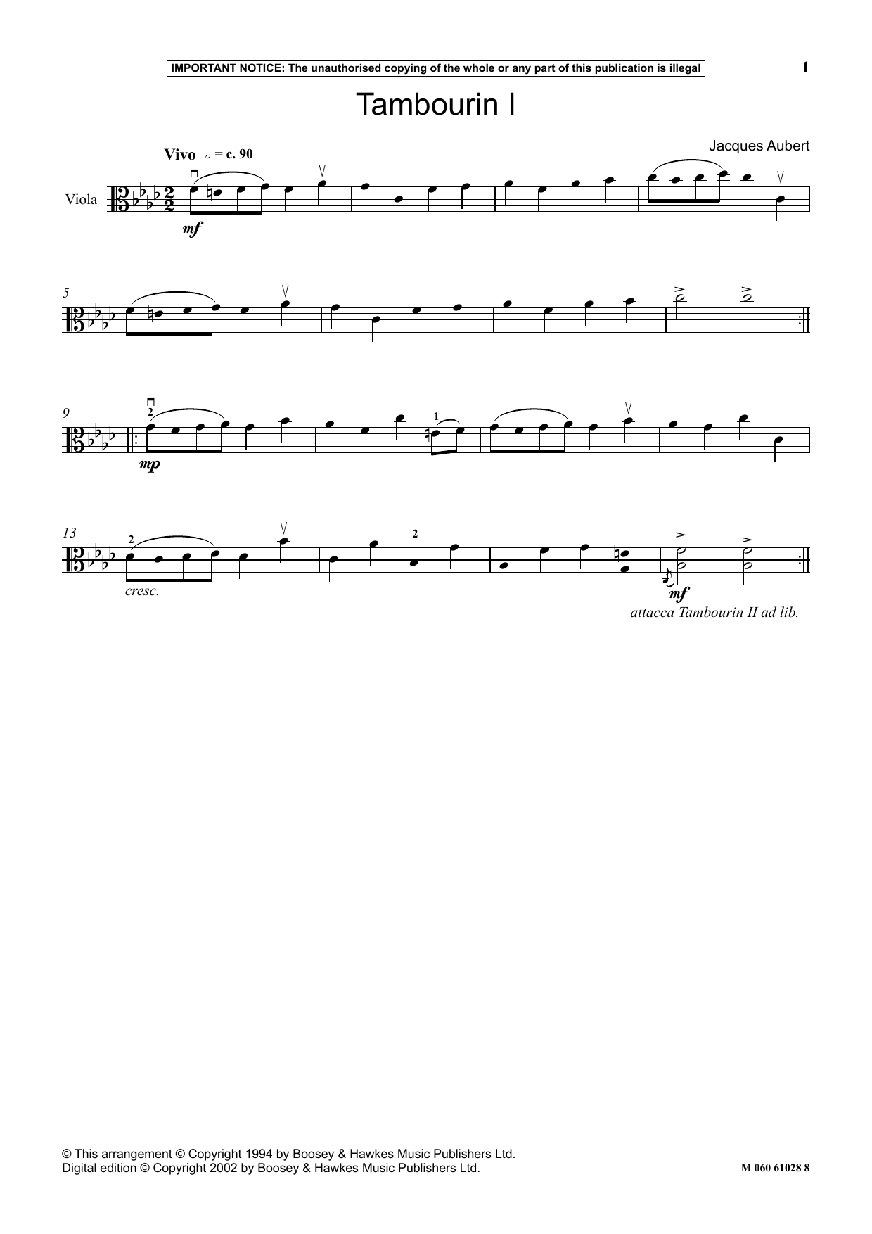 Jacques Aubert Tambourin I sheet music notes and chords. Download Printable PDF.