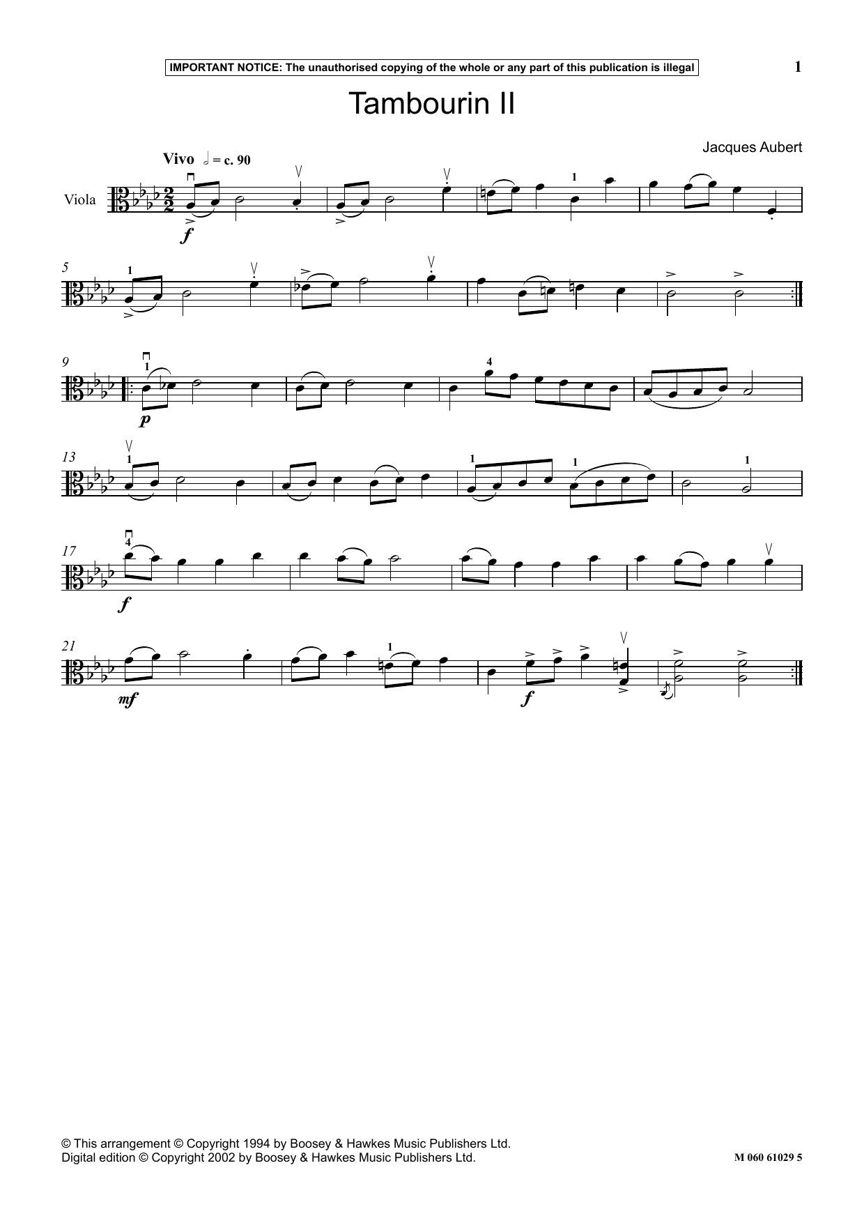 Jacques Aubert Tambourin II sheet music notes and chords. Download Printable PDF.