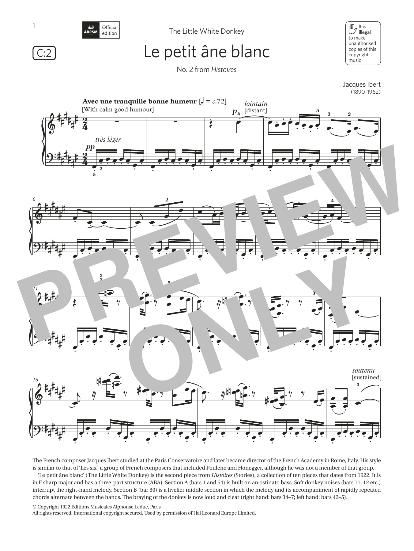 Learn to play Jacques Ibert Le petit âne blanc (Grade 7, list C2, from the ABRSM Piano Syllabus 2021 & 2022) sheet music for Piano Solo in minutes. Price: 6.9900$ Jacques Ibert Le petit âne blanc (Grade 7, list C2, from the ABRSM Piano Syllabus 2021 & 2022) sheet music notes and chords arranged for Piano Solo
