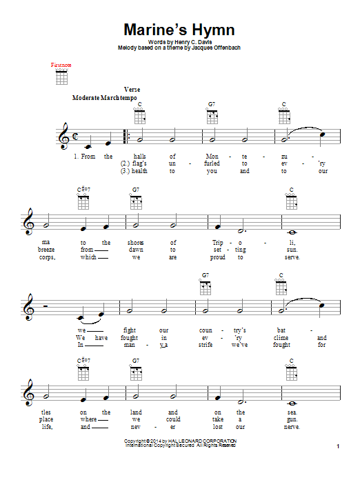 Jacques Offenbach Marine's Hymn sheet music notes and chords. Download Printable PDF.