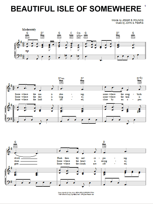 Learn to play Jake Hess Beautiful Isle Of Somewhere sheet music for Piano, Vocal & Guitar Chords (Right-Hand Melody) in minutes. Price: 6.9900$ Jake Hess Beautiful Isle Of Somewhere sheet music notes and chords arranged for Piano, Vocal & Guitar Chords (Right-Hand Melody)