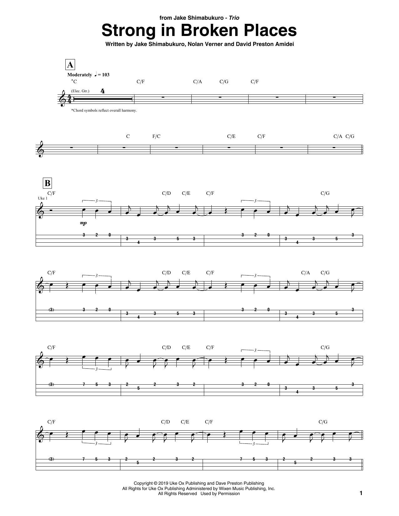 Learn to play Jake Shimabukuro Trio Strong In Broken Places sheet music for Ukulele Tab in minutes. Price: 5.9900$ Jake Shimabukuro Trio Strong In Broken Places sheet music notes and chords. Download Printable PDF.