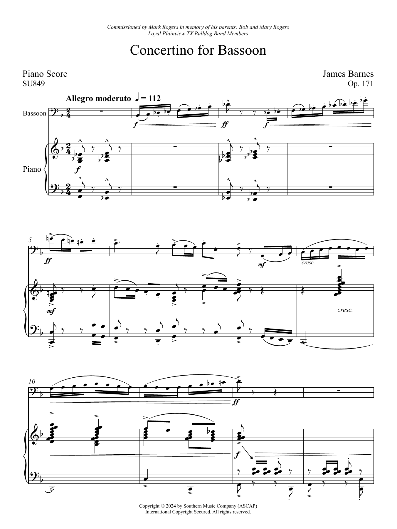 James Barnes Concertino for Bassoon (Solo / Piano Reduction) sheet music notes and chords. Download Printable PDF.