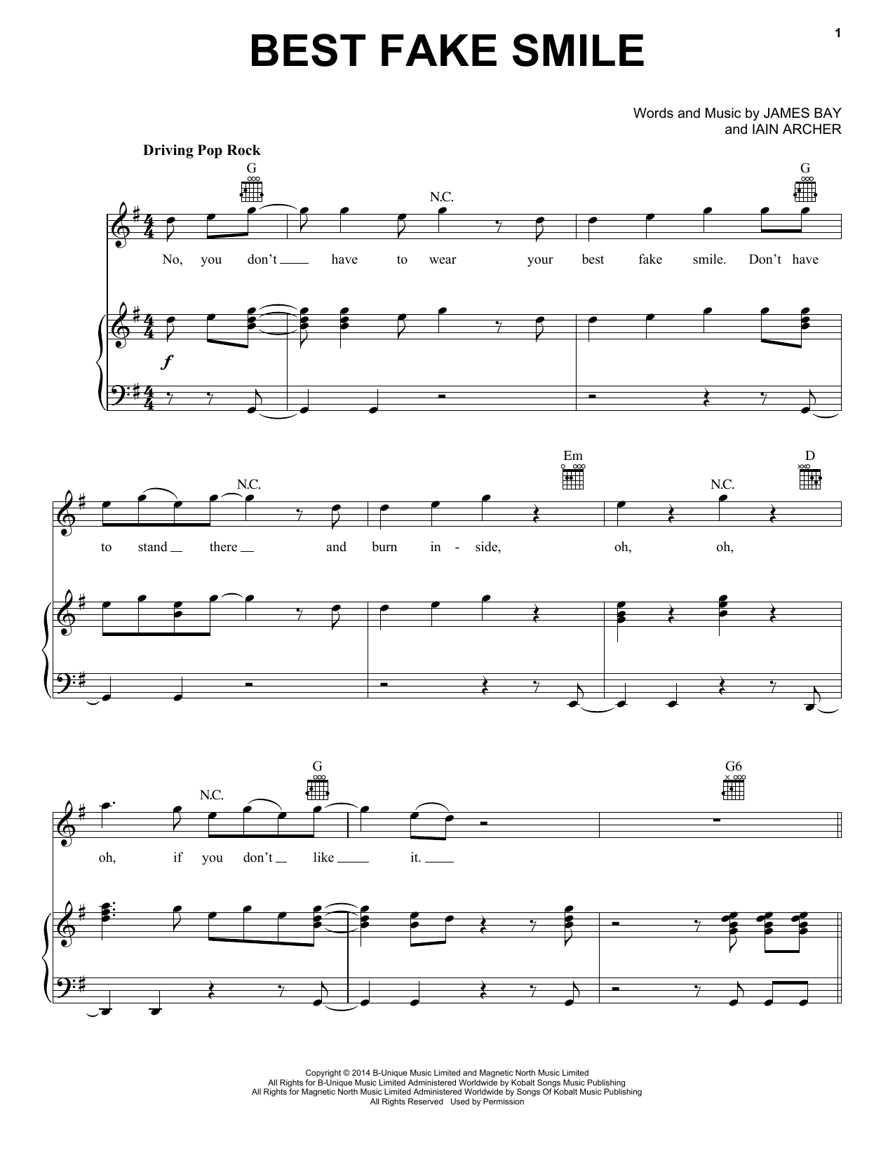 James Bay Best Fake Smile sheet music notes and chords. Download Printable PDF.