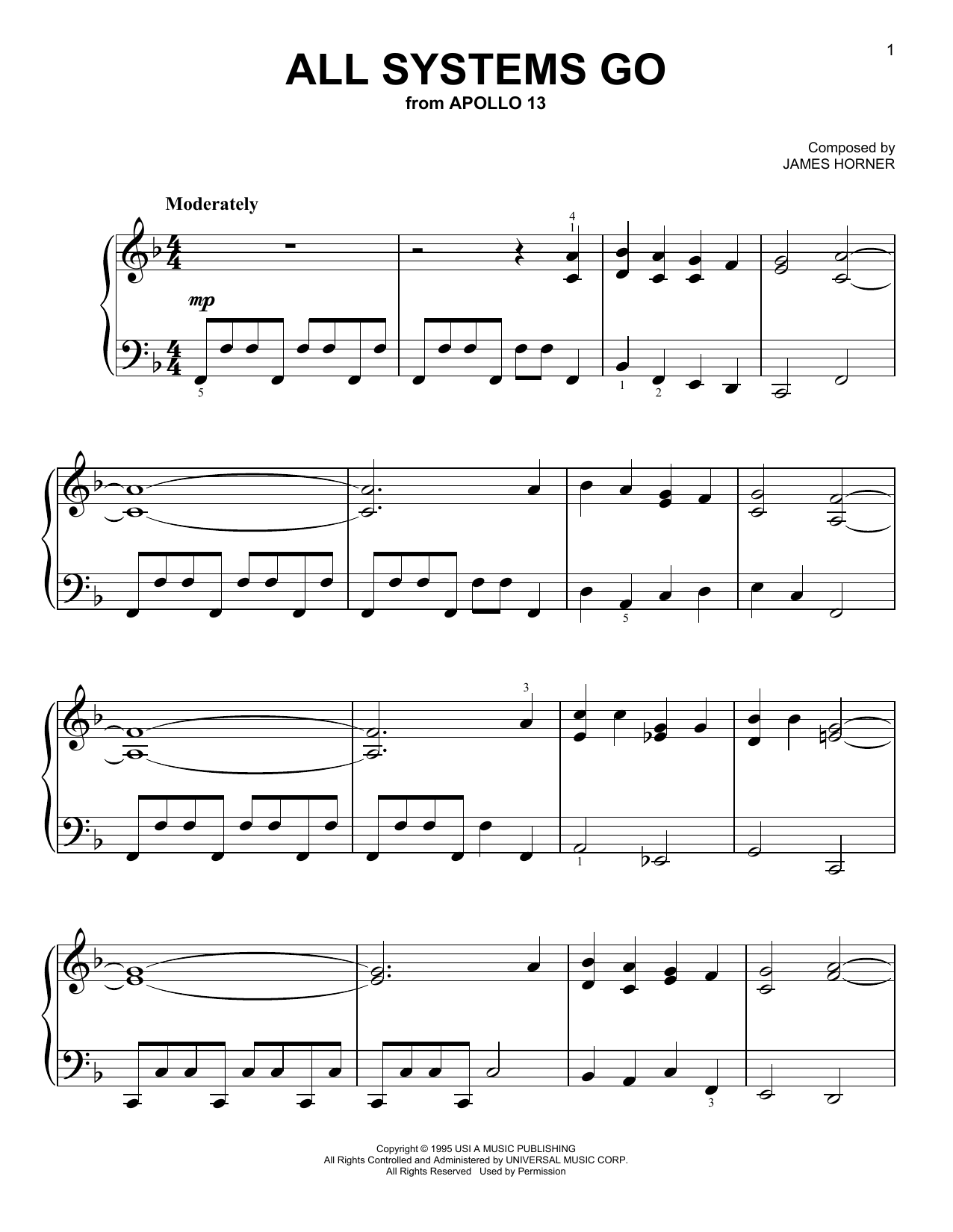 All Systems Go (from Apollo 13) Sheet Music by James Horner | Easy ...