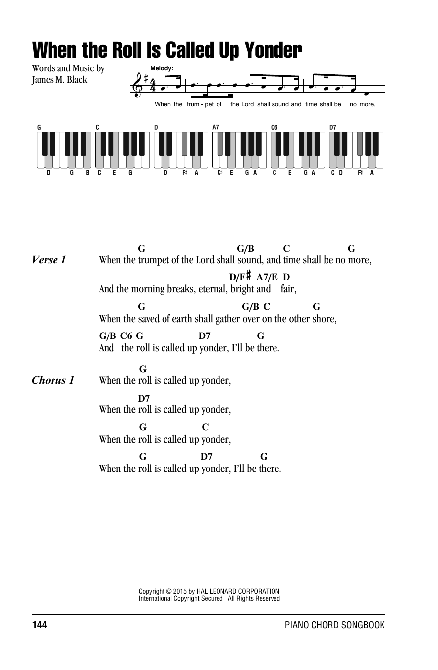 James M. Black When The Roll Is Called Up Yonder sheet music notes and chords. Download Printable PDF.