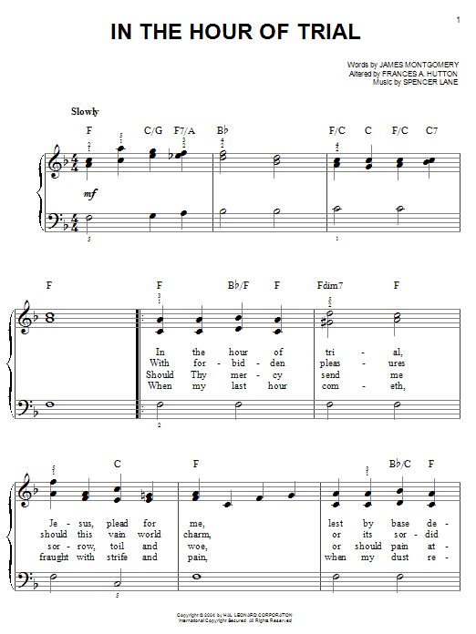 James Montgomery In The Hour Of Trial sheet music notes and chords. Download Printable PDF.