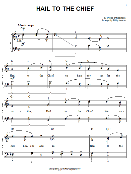 James Sanderson Hail To The Chief sheet music notes and chords. Download Printable PDF.