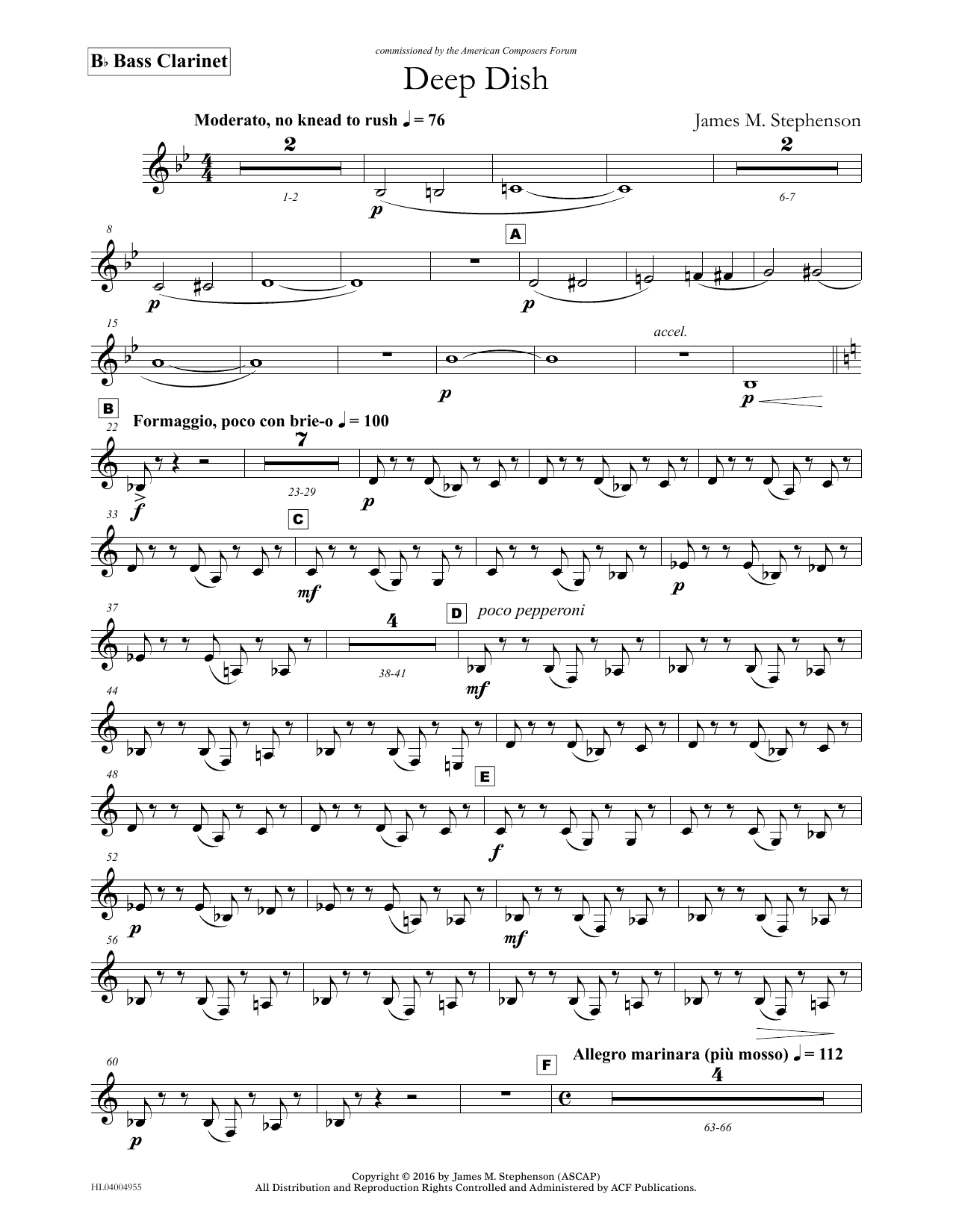 Learn to play James (Jim) M. Stephenson Deep Dish - Bb Bass Clarinet sheet music for Concert Band in minutes. Price: 5.9900$ James (Jim) M. Stephenson Deep Dish - Bb Bass Clarinet sheet music notes and chords arranged for Concert Band