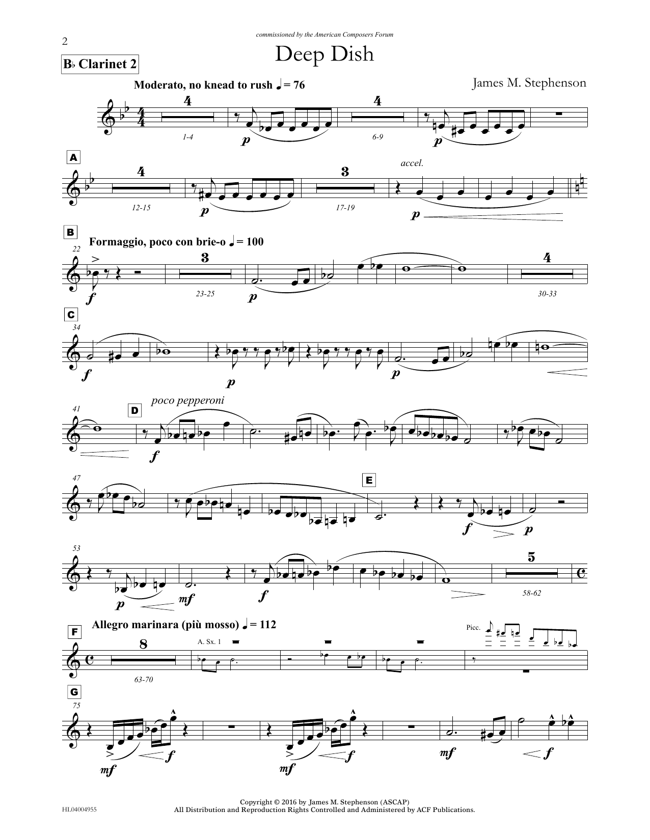 Learn to play James (Jim) M. Stephenson Deep Dish - Bb Clarinet 2 sheet music for Concert Band in minutes. Price: 5.9900$ James (Jim) M. Stephenson Deep Dish - Bb Clarinet 2 sheet music notes and chords arranged for Concert Band