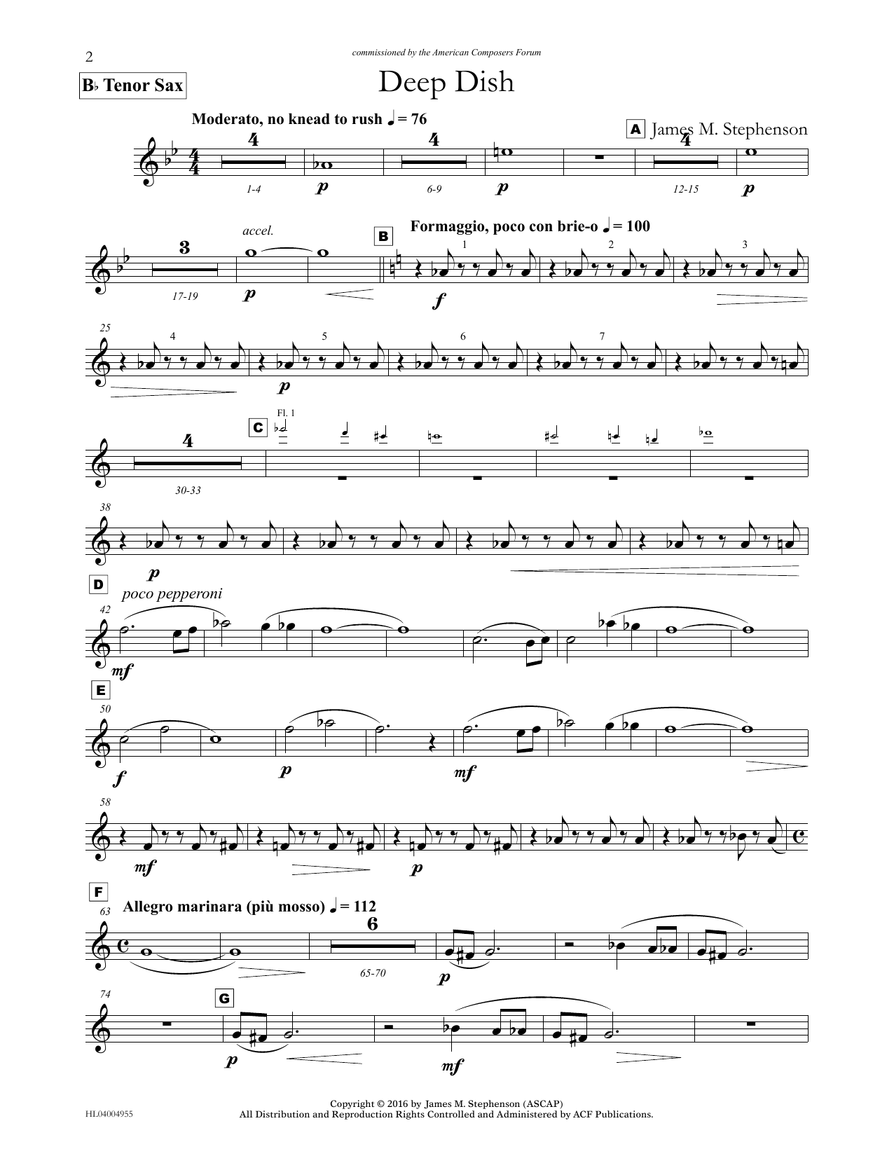 Learn to play James (Jim) M. Stephenson Deep Dish - Bb Tenor Sax sheet music for Concert Band in minutes. Price: 5.9900$ James (Jim) M. Stephenson Deep Dish - Bb Tenor Sax sheet music notes and chords arranged for Concert Band