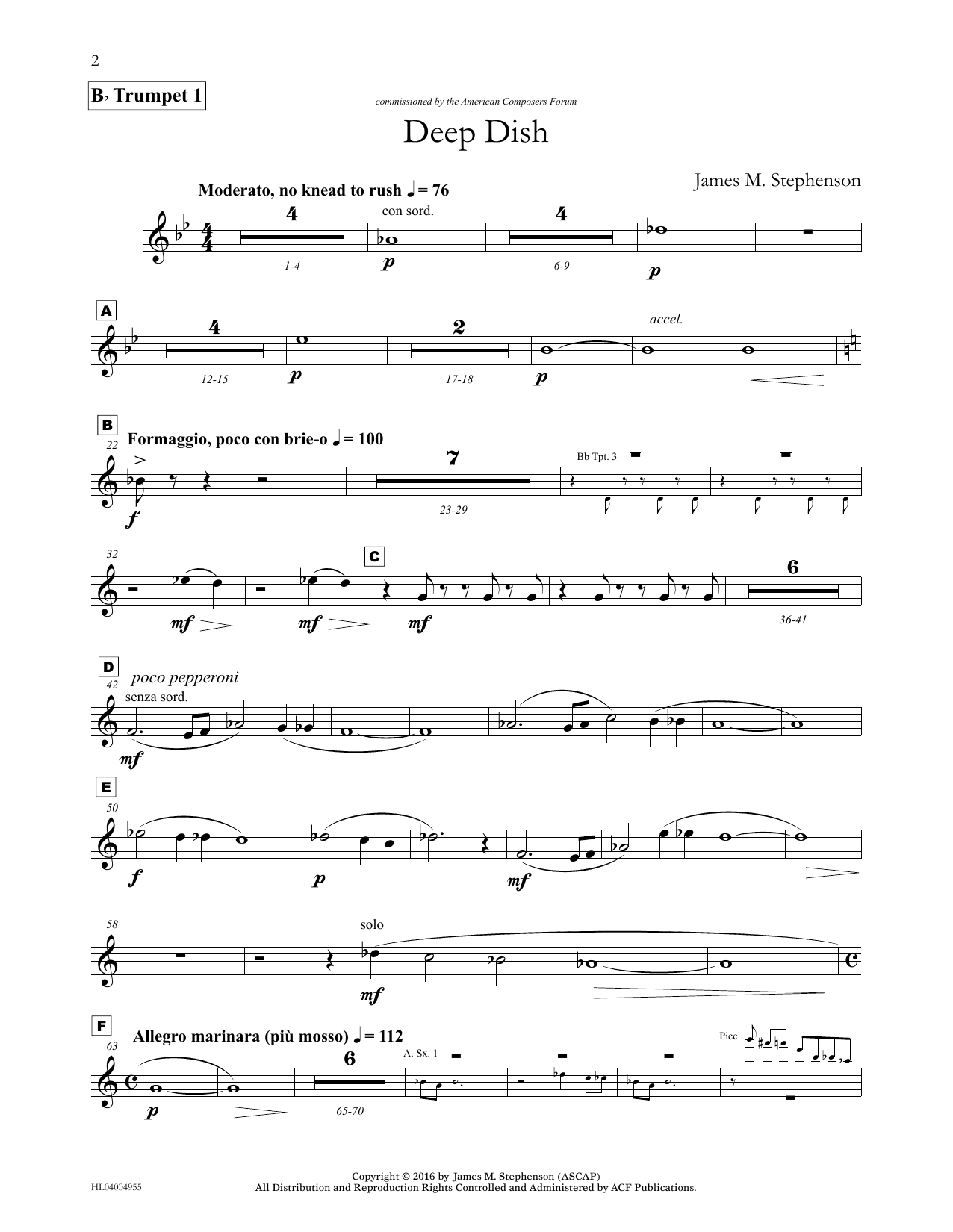 Learn to play James (Jim) M. Stephenson Deep Dish - Bb Trumpet 1 sheet music for Concert Band in minutes. Price: 5.9900$ James (Jim) M. Stephenson Deep Dish - Bb Trumpet 1 sheet music notes and chords arranged for Concert Band