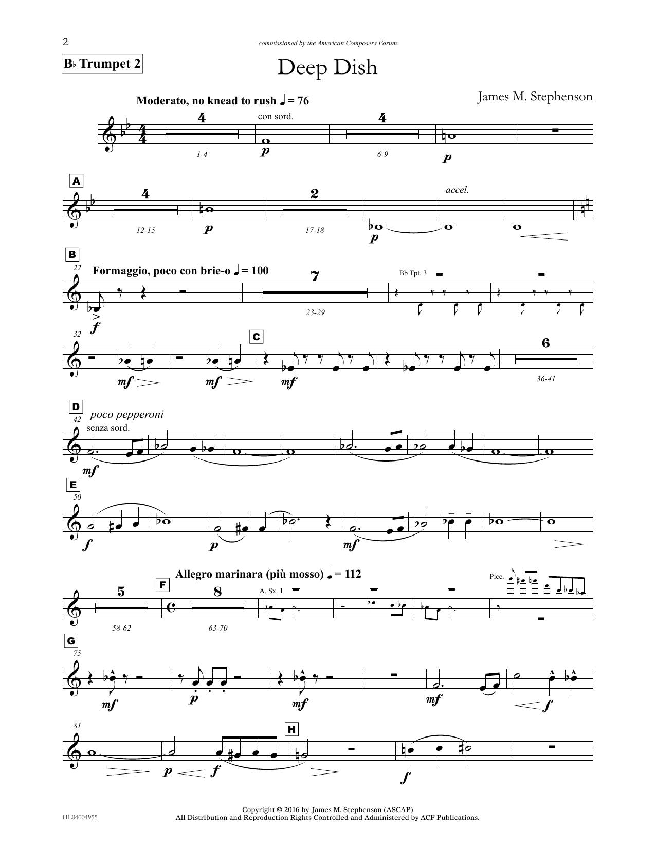 Learn to play James (Jim) M. Stephenson Deep Dish - Bb Trumpet 2 sheet music for Concert Band in minutes. Price: 5.9900$ James (Jim) M. Stephenson Deep Dish - Bb Trumpet 2 sheet music notes and chords arranged for Concert Band