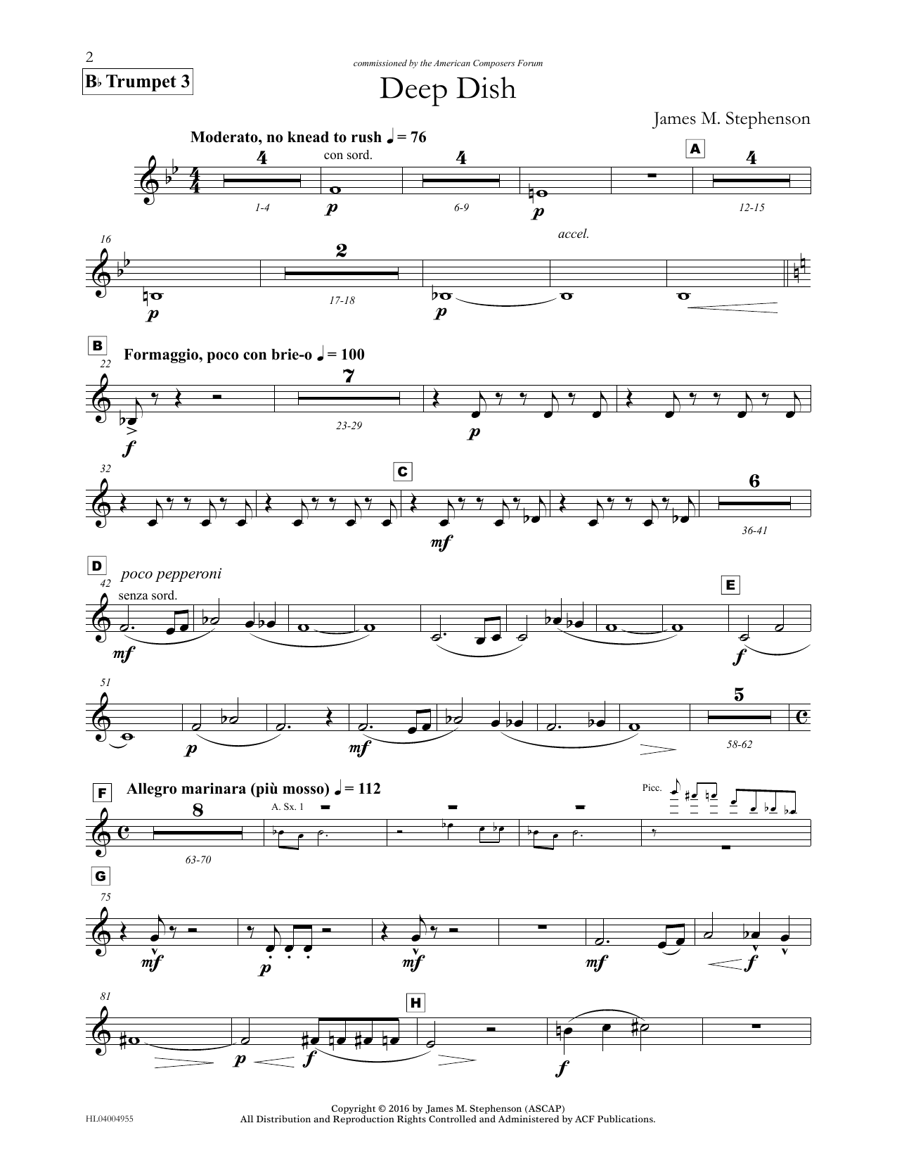 Learn to play James (Jim) M. Stephenson Deep Dish - Bb Trumpet 3 sheet music for Concert Band in minutes. Price: 5.9900$ James (Jim) M. Stephenson Deep Dish - Bb Trumpet 3 sheet music notes and chords arranged for Concert Band