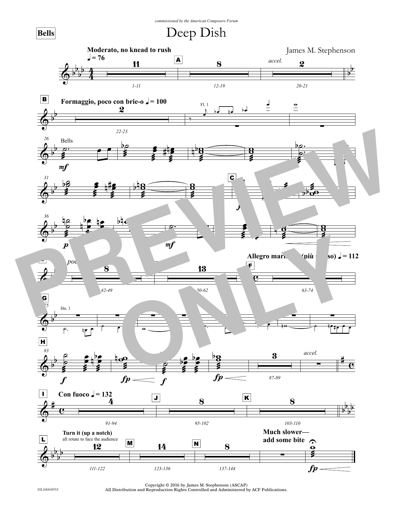 Learn to play James (Jim) M. Stephenson Deep Dish - Bells sheet music for Concert Band in minutes. Price: 5.9900$ James (Jim) M. Stephenson Deep Dish - Bells sheet music notes and chords arranged for Concert Band