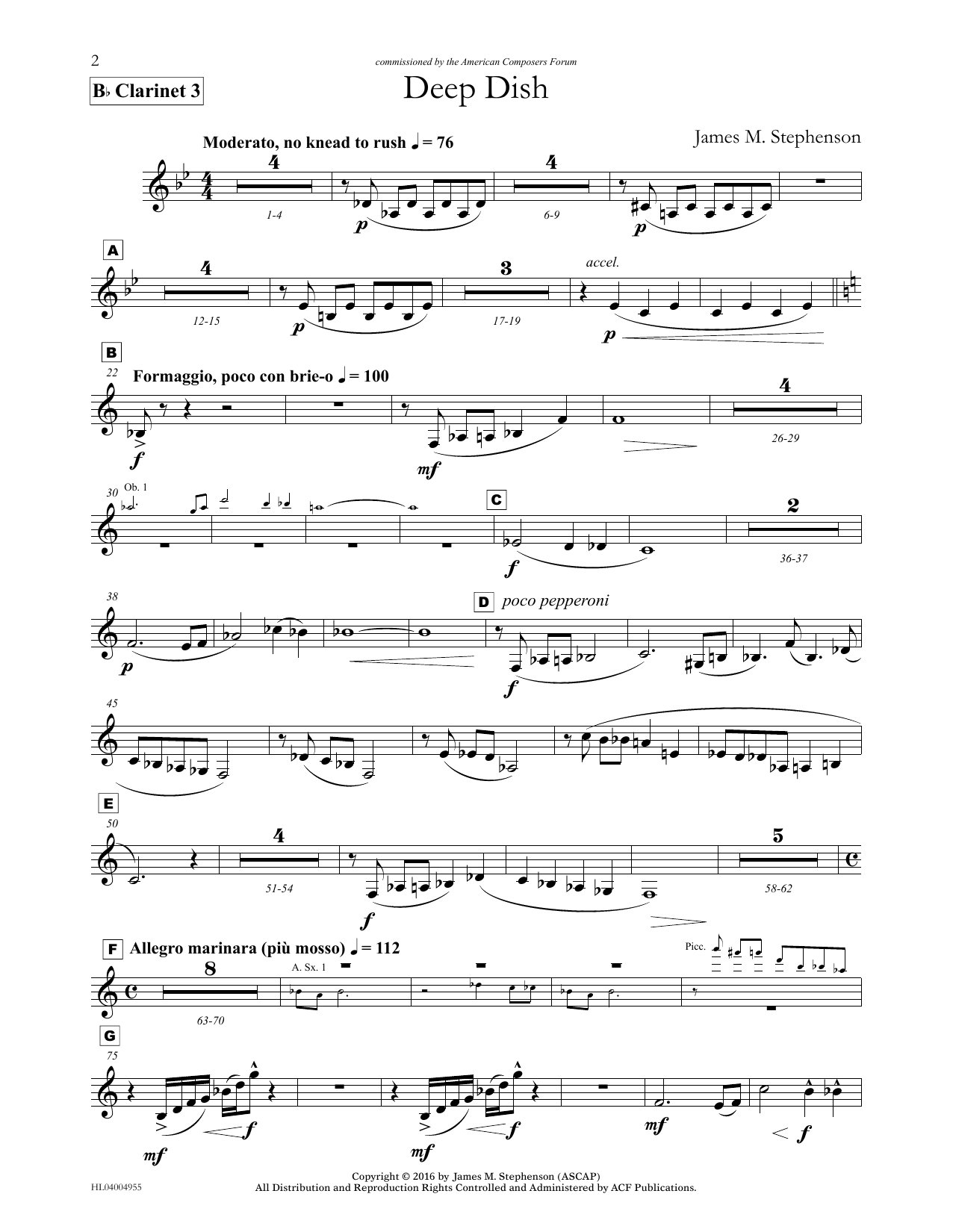 Learn to play James (Jim) M. Stephenson Deep Dish - Clarinet 3 sheet music for Concert Band in minutes. Price: 5.9900$ James (Jim) M. Stephenson Deep Dish - Clarinet 3 sheet music notes and chords arranged for Concert Band